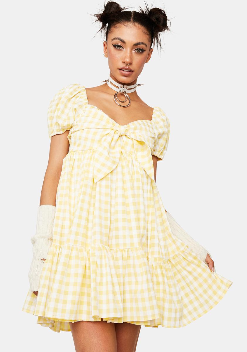 Sweetheart Neck Bow Puff Short Sleeve Tiered Gingham Print Mini Dress