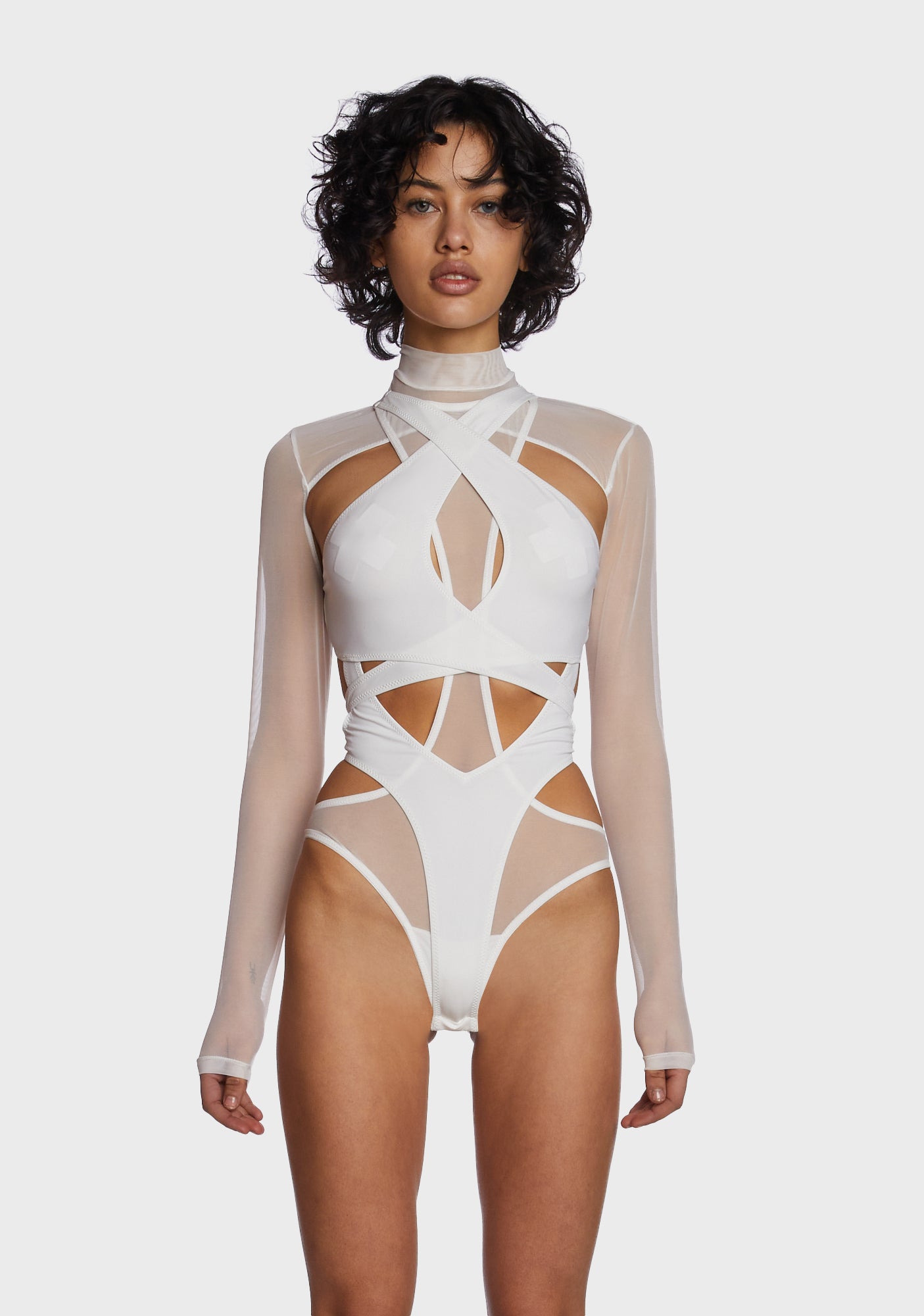 Darker Wavs Strappy Cut Out Spandex Mesh Bodysuit - White – Dolls Kill
