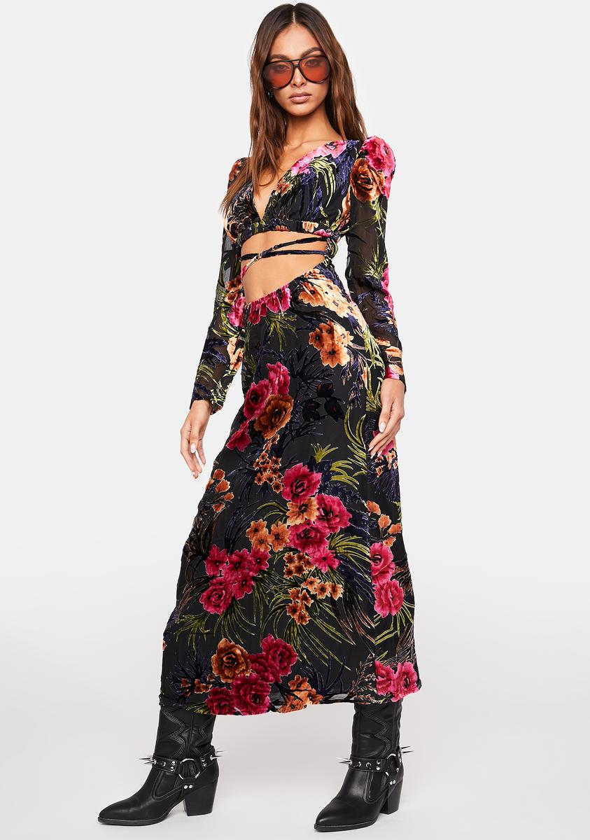 WeWoreWhat Floral Print Velvet Midi Dress - Multi Dolls Kill WeWoreWhat Floral Print Velvet Midi Dress - Multi Dolls Kill