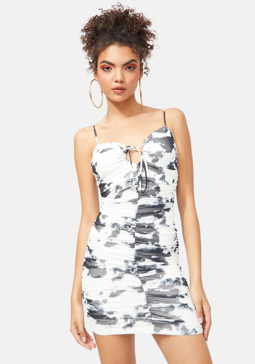 Tie Dye Ruched Keyhole Mini Dress - Black/White Dolls Kill Tie Dye Ruched Keyhole Mini Dress - Black/White Dolls Kill