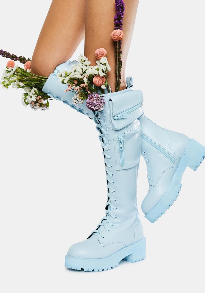 Sugar Thrillz Pastel Knee High Pocket Combat Boots Baby Blue