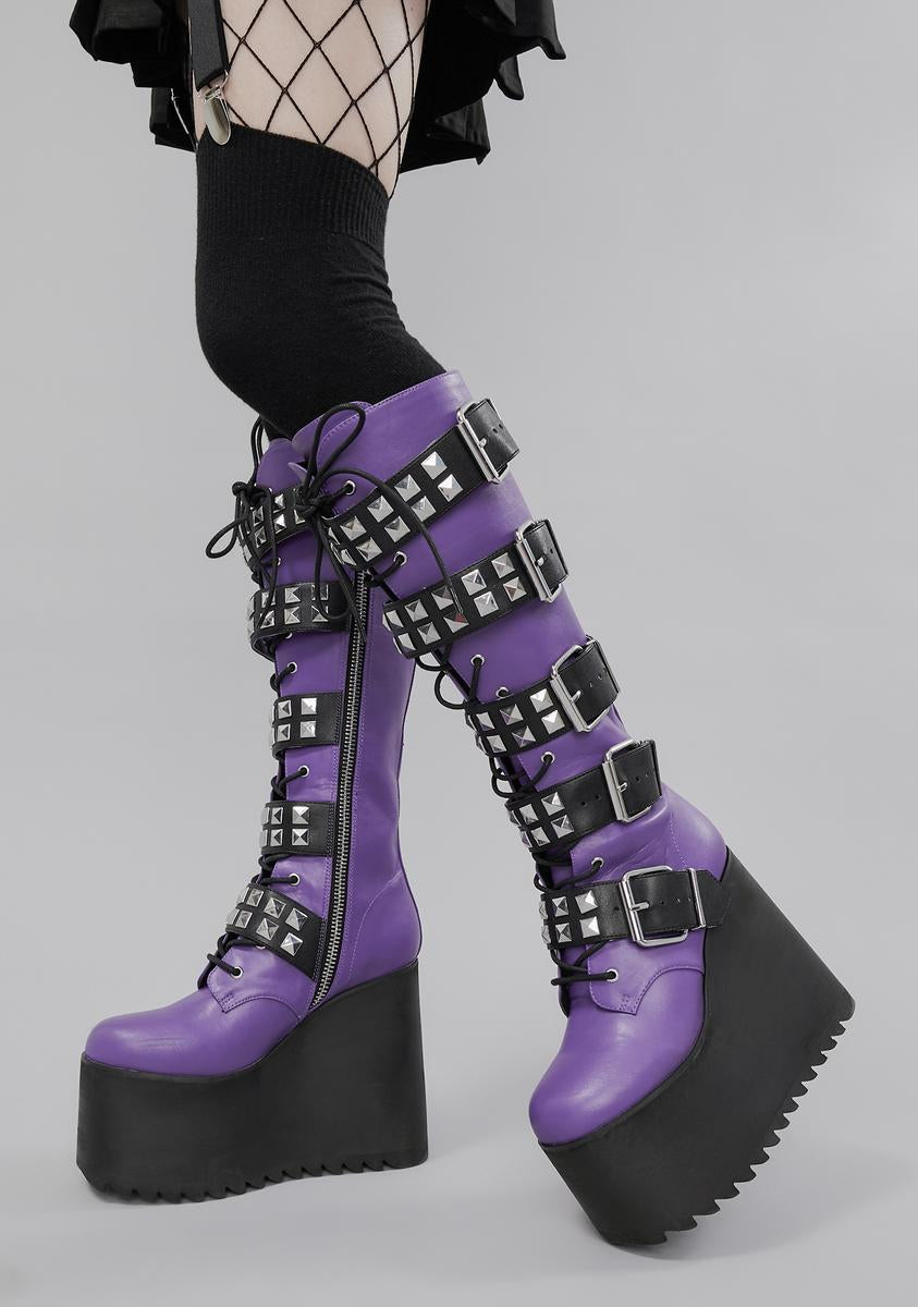 Widow Studded Buckle Knee High Platform Boots Purple/Black