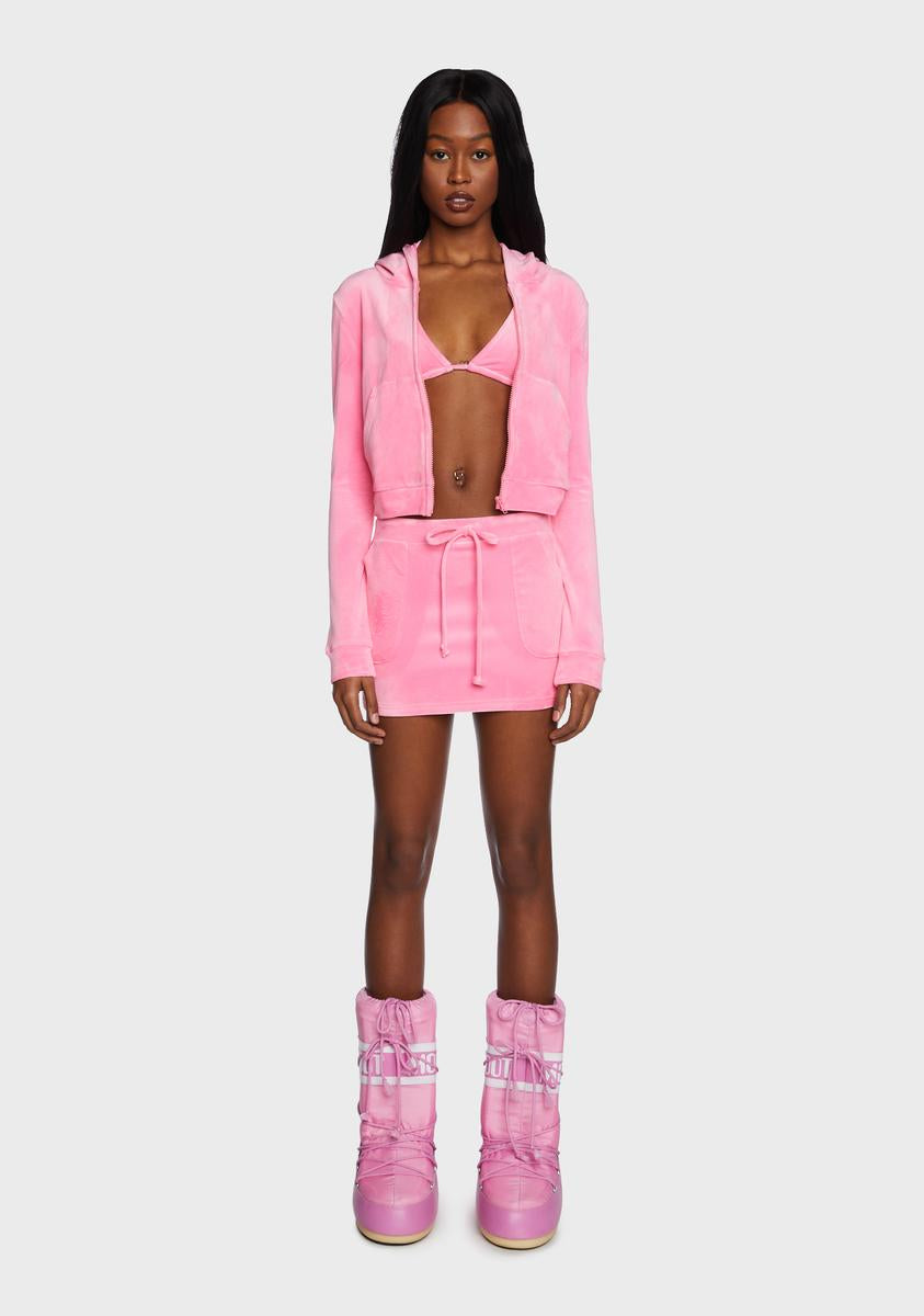 Velour Bra Top Skirt And Zip Hoodie Set Pink – Dolls Kill