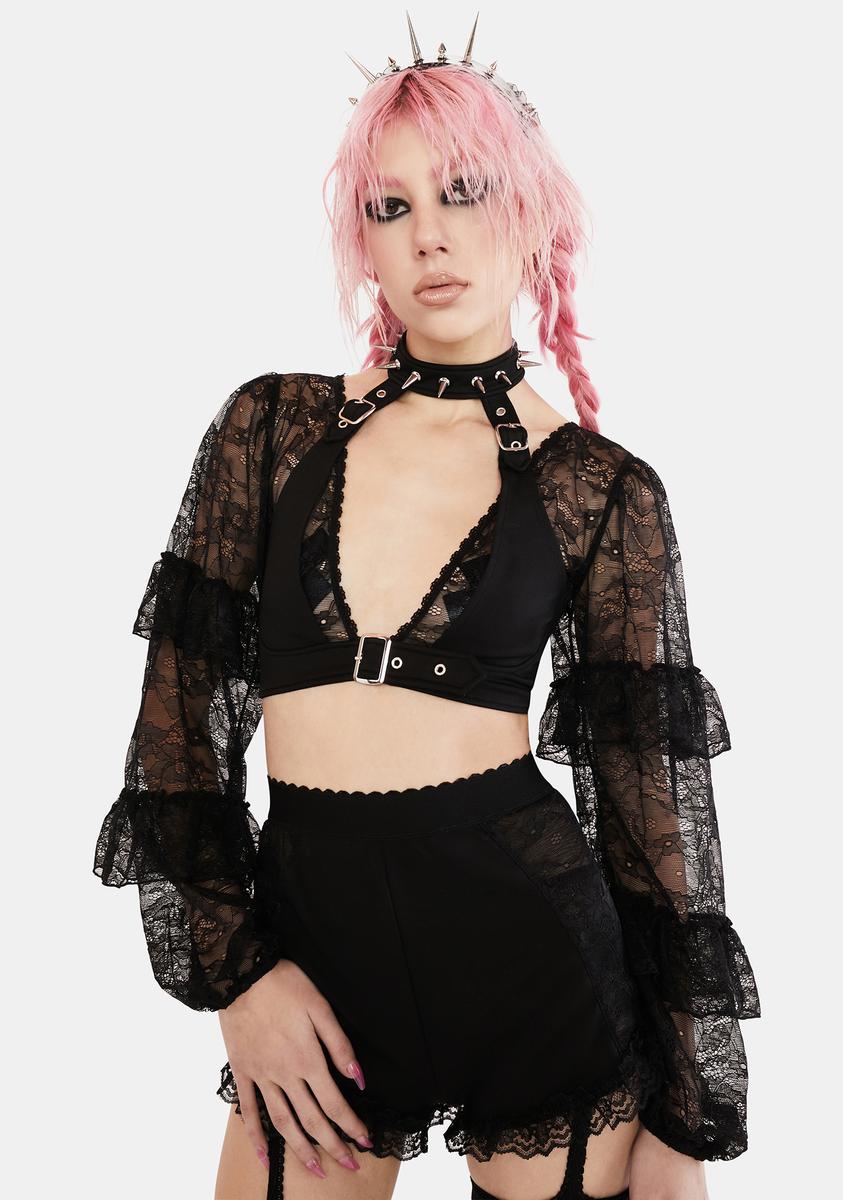 Current Mood Lace Sleeve Harness Crop Top - Black