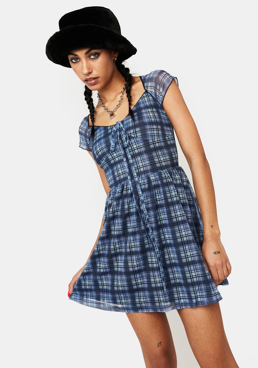 blue plaid babydoll dress American Eagle Tiered Babydoll Mini Dress Small Navy White Plaid Puff Sleeve