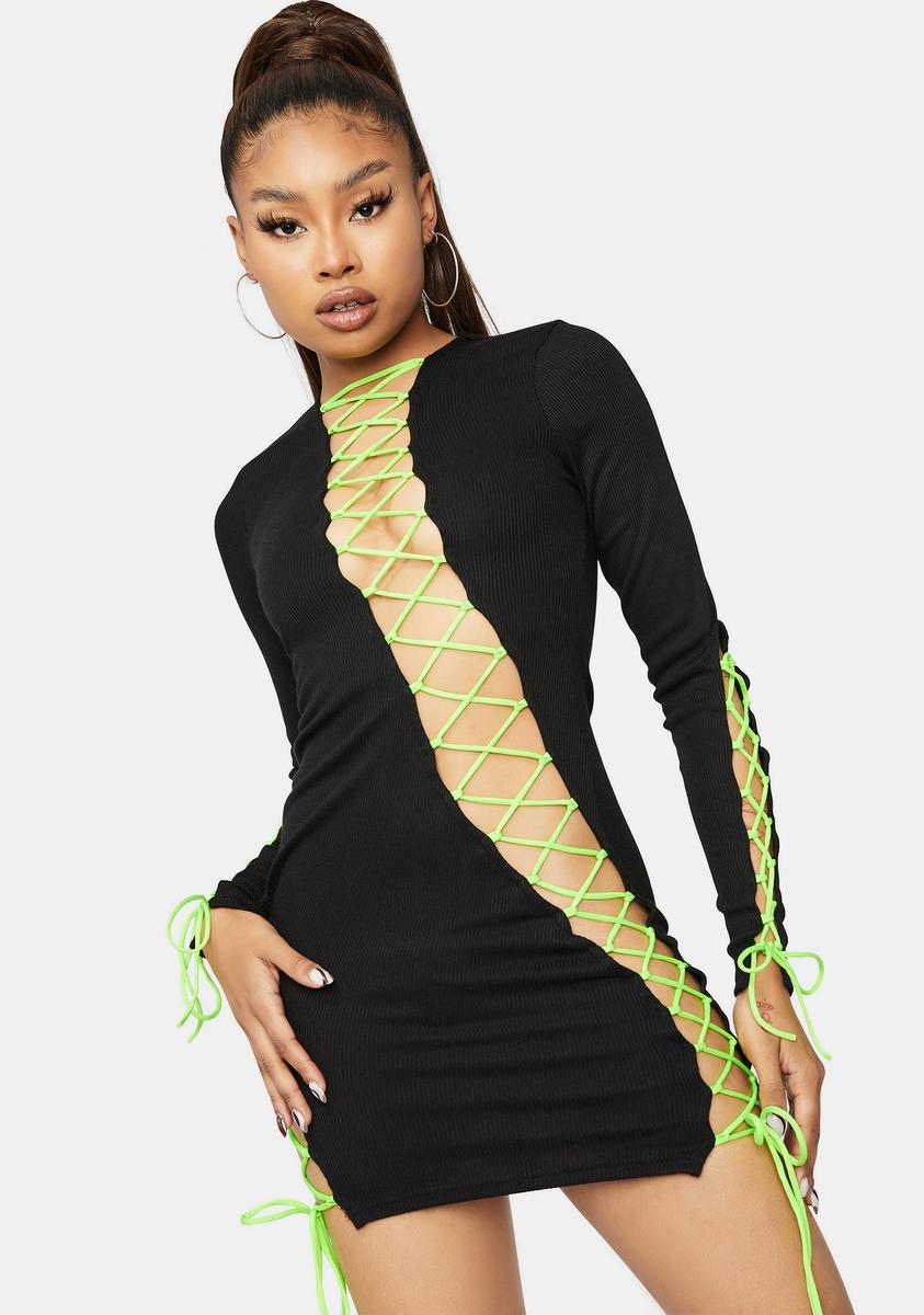 Contrast Lace Up Bodycon Mini Dress - Black Neon Green Dolls Kill Contrast Lace Up Bodycon Mini Dress - Black Neon Green Dolls Kill