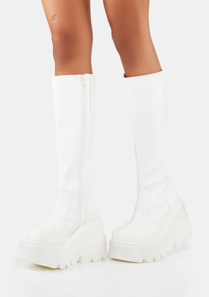 Demonia x Dolls Kill Shaker-100 Knee High Platform Boots White
