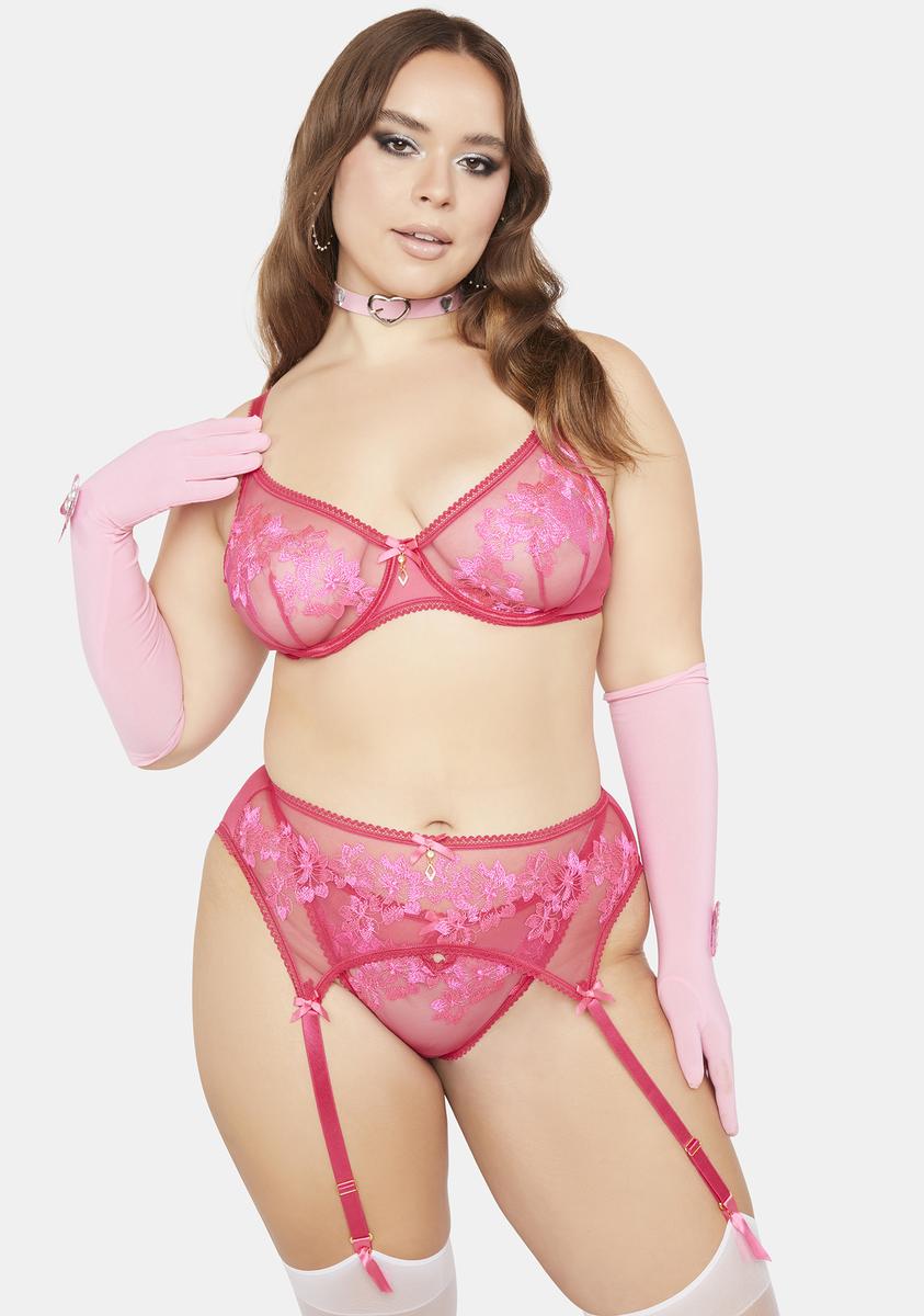 Plus Size Mesh Lace Embroidered Bra Panty Garter Set