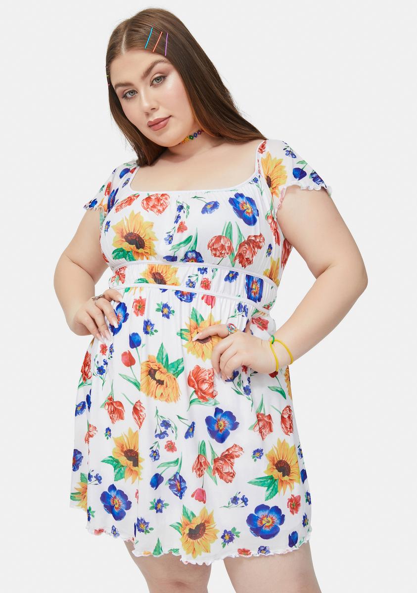 Plus Size Delias Groovy Floral Shirred Off Shoulder Mini Dress