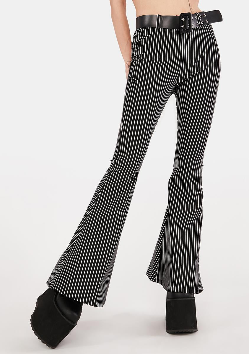 Jawbreaker High-Waisted Striped Buckle Belt Flare Pants - Black Pinstripe