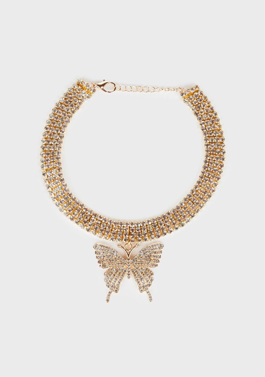 Rhinestone Butterfly Choker Necklace Gold Dolls Kill
