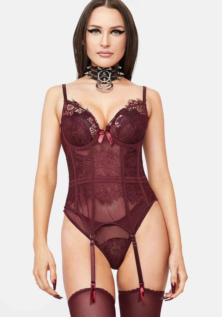 Three Piece Lace Corset Panty Garter Set - Burgundy