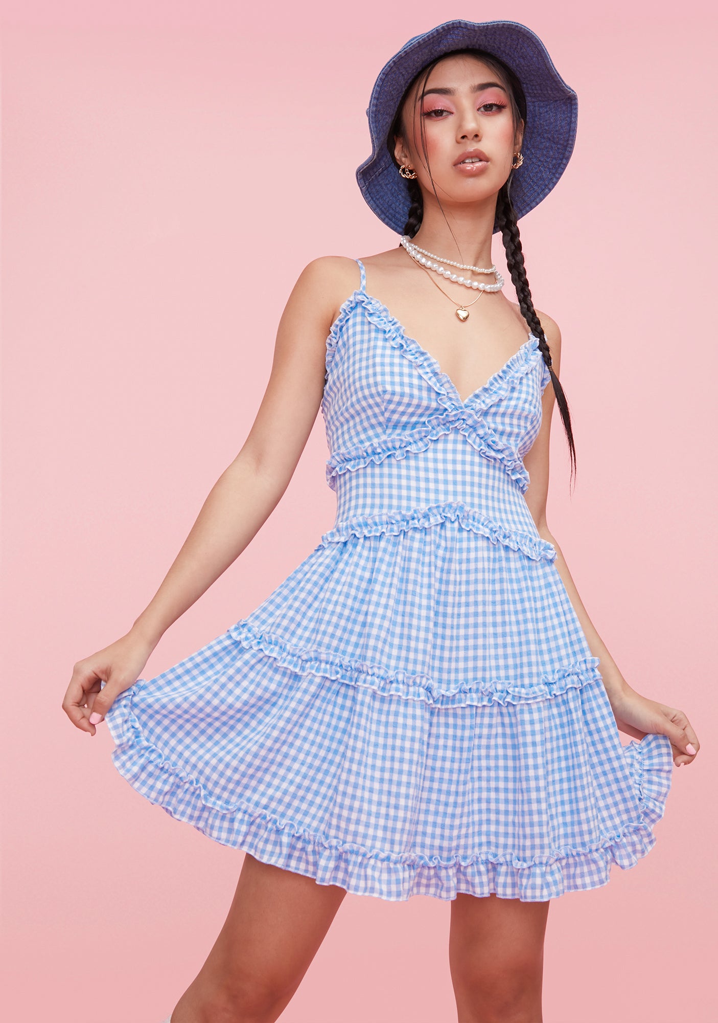 Pastel Ruffle Trim Plunge Gingham Mini Dress - Blue  Dolls Kill