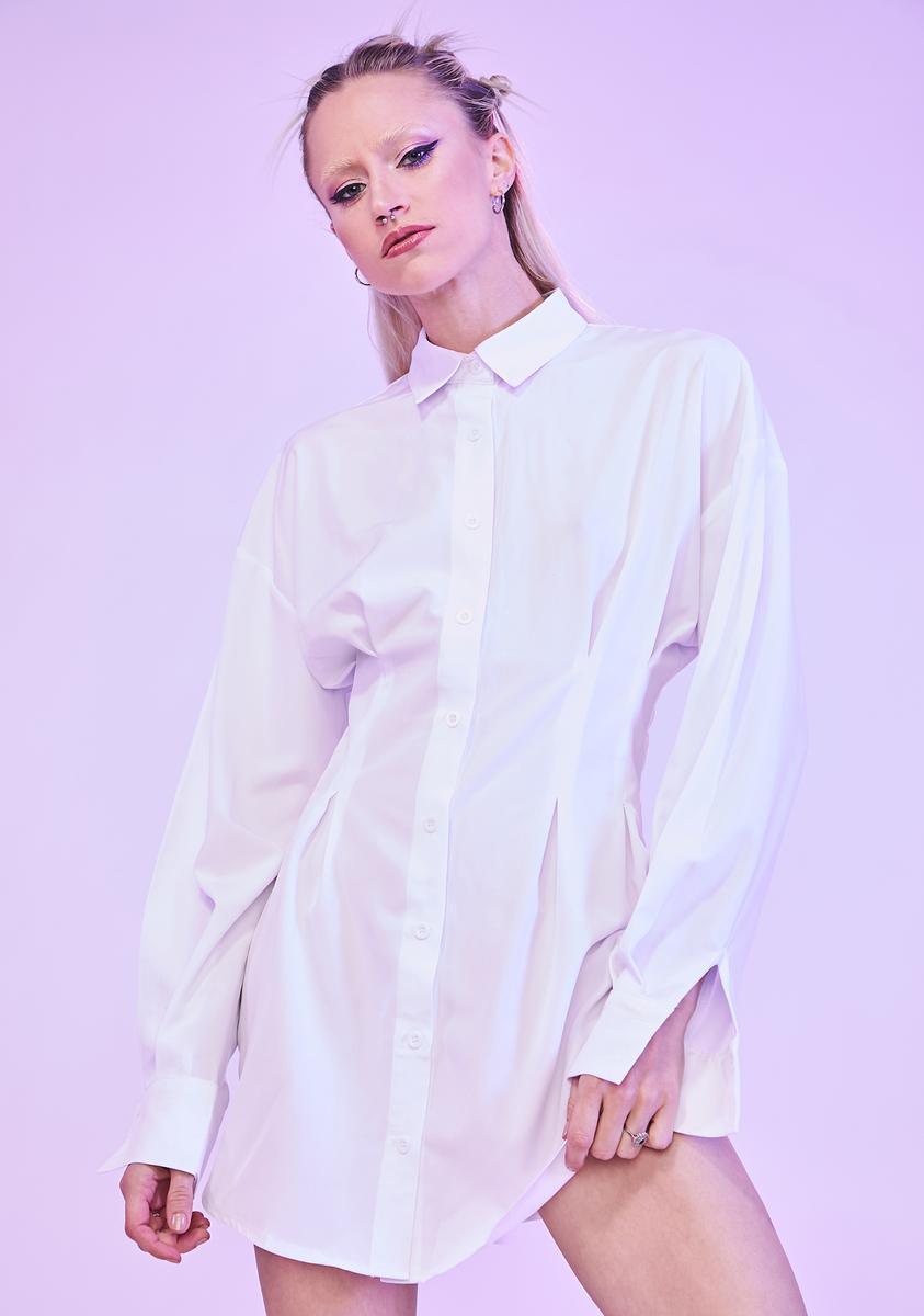 Long Sleeve Collared Fitted Waist Shirt Dress - White Dolls Kill Long Sleeve Collared Fitted Waist Shirt Dress - White Dolls Kill