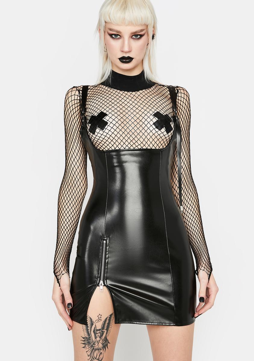 Red Night Gothic Vegan Leather Buckle Strap Dress - Black