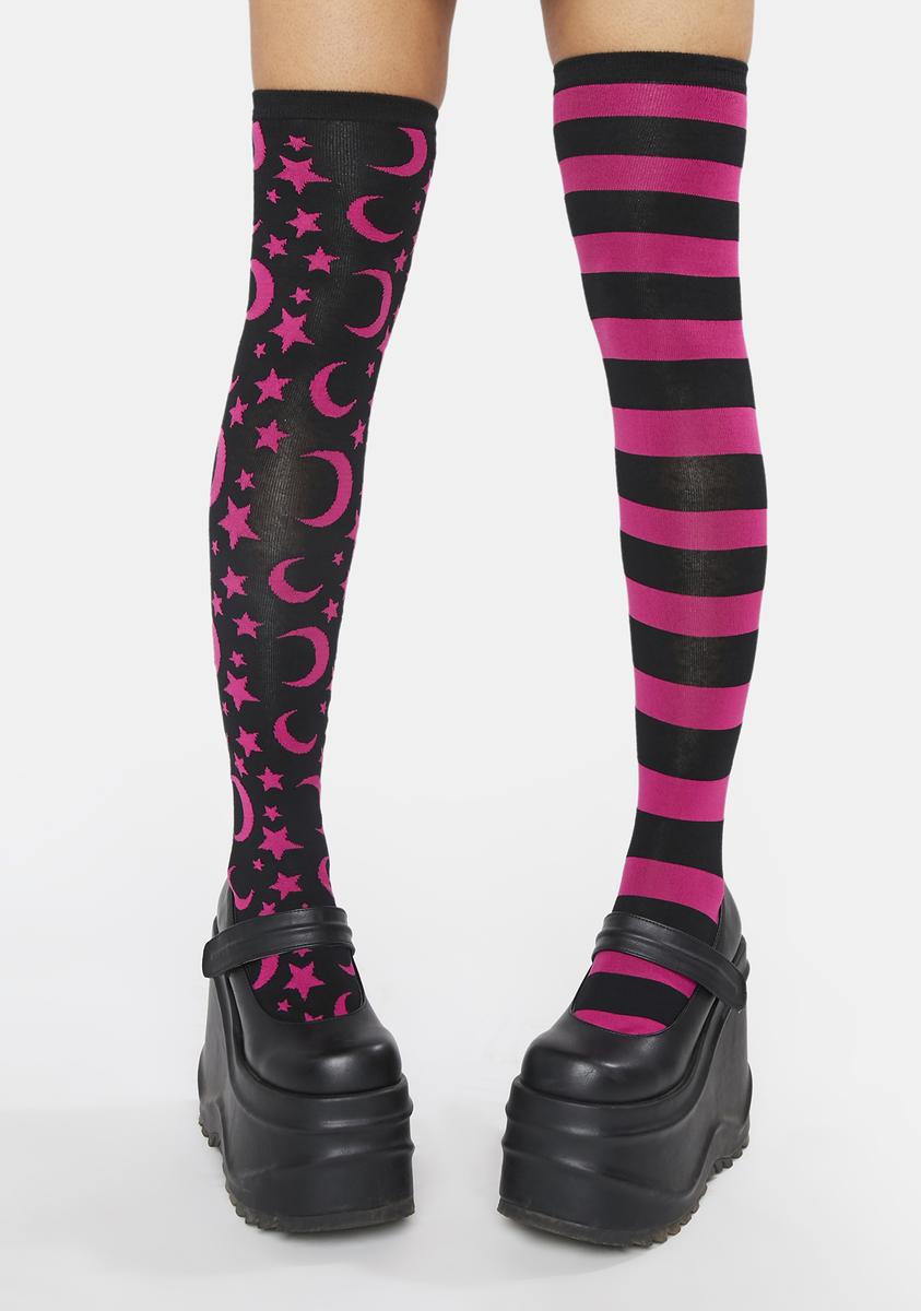 Mismatched Stripe And Moon Star Thigh High Socks Pink Black Dolls Kill