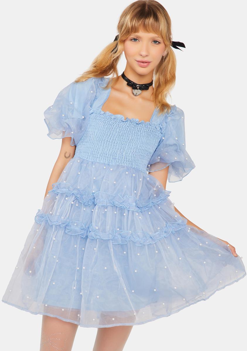 Sister Jane Organza Pearl Mini Dress - Blue Dolls Kill Sister Jane Organza Pearl Mini Dress - Blue Dolls Kill