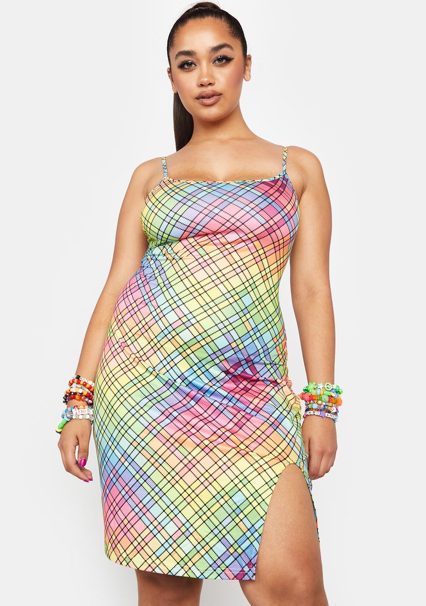 Plus Size Rainbow Plaid Cami Mini Dress