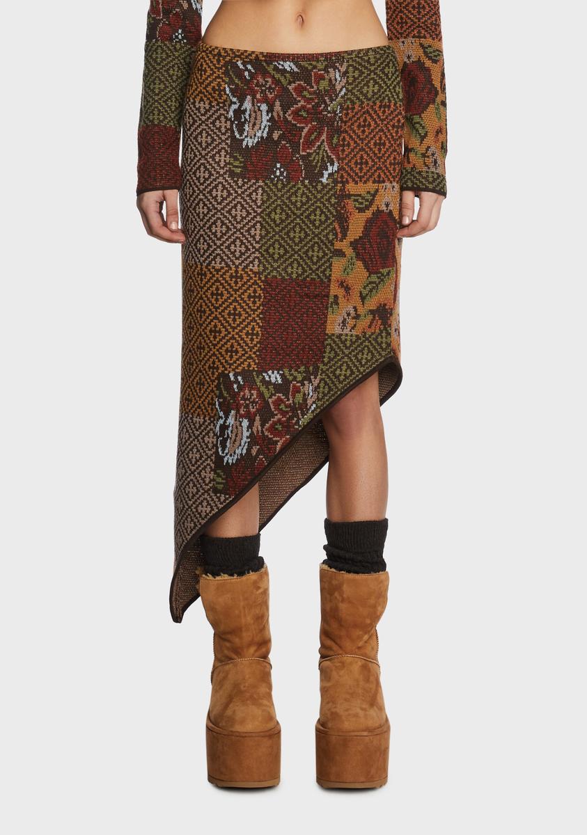 Milk It Woven Printed Asymmetrical Midi Skirt - Brown