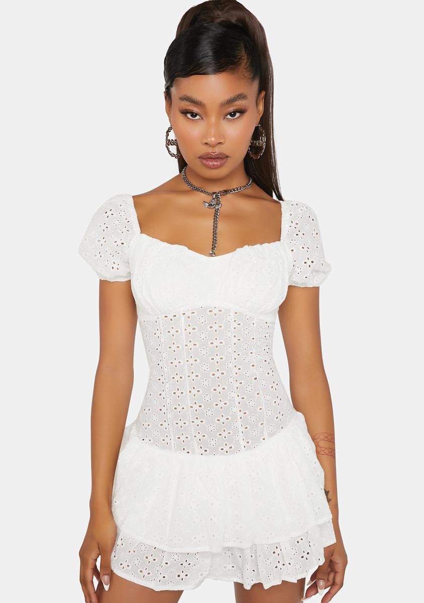 Broderie Eyelet Cottagecore Mini Dress - White Dolls Kill Broderie Eyelet Cottagecore Mini Dress - White Dolls Kill
