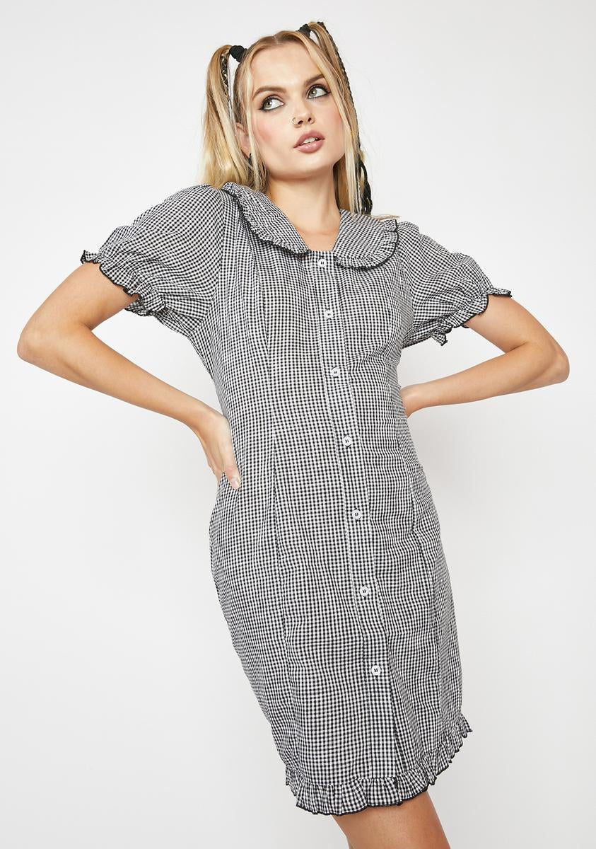 Gingham Peter Pan Collar Ruffle Button Up Mini Dress  Dolls Kill