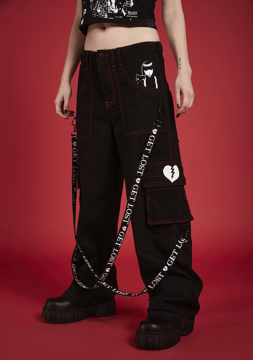 Emily The Strange Wide Leg Strappy Embroidered Cargo Pants