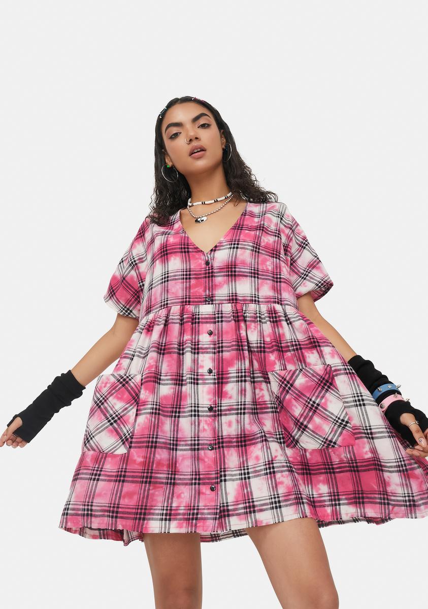 pink and black checkered dress Plaid Chain Straps Cami Dress & Off Shoulder Mesh Top