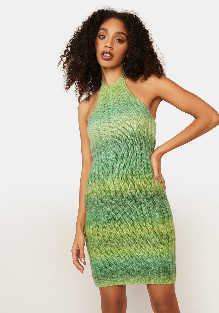 Striped Knit Halter Dress - Green Striped Knit Halter Dress - Green