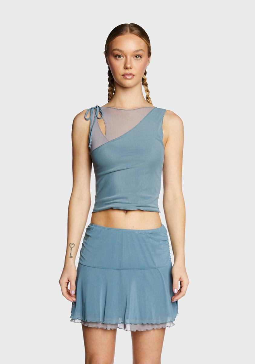 Motel Asymmetric Mesh Crop Tank Top Ble/Grey Dolls Kill