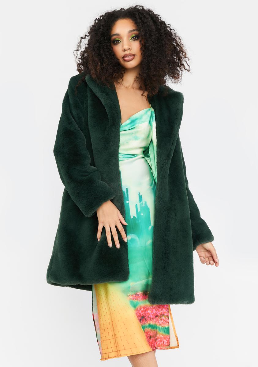 Dolls Kill X Wizard Of Oz Faux Fur Printed Satin Lined Trench Coat