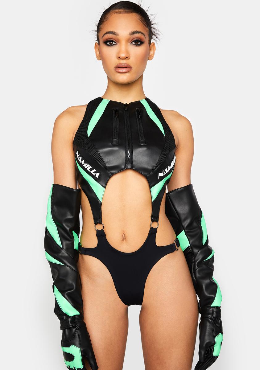 Namilia Vegan Leather Cut Out Moto Bodysuit - Black/Green – Dolls Kill