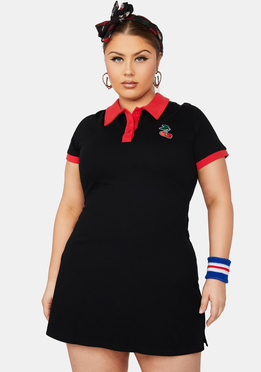 Current Mood Plus Size Collared Button-Up Cherry Patch Short Sleeve Mini Dress - Black/Red Dolls Kill Current Mood Plus Size Collared Button-Up Cherry Patch Short Sleeve Mini Dress - Black/Red Dolls Kill