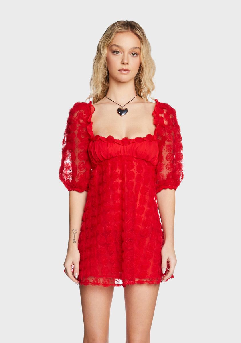 For Love & Lemons Chiffon Rose Applique Mini Dress - Red For Love & Lemons Chiffon Rose Applique Mini Dress - Red