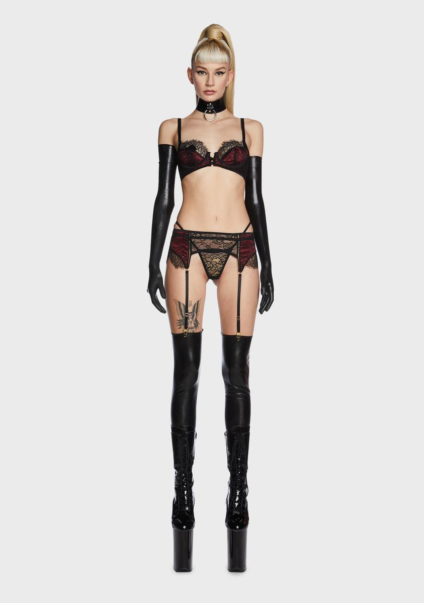 Two Tone Lace Bra Thong Garter Belt Set - Black/Dark Red  Dolls Kill