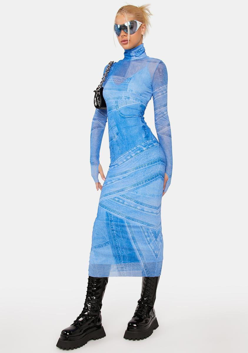 Afrm Denim Print Mesh Maxi Dress
