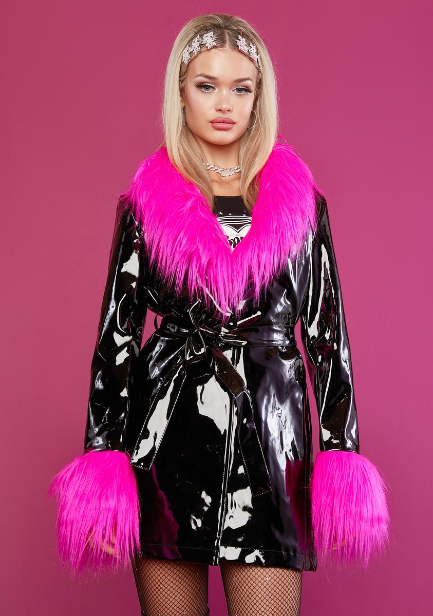 Dolls Kill x Bratz Faux Fur Trim Patent Trench Coat - Black