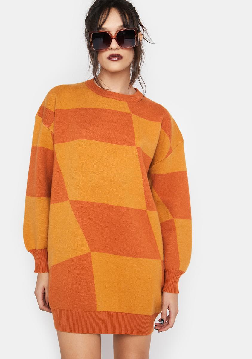 Checkered Oversized Sweater Dress - Orange  Dolls Kill