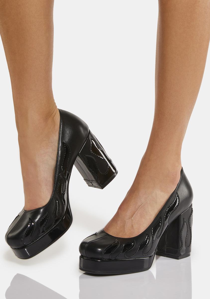 Vegan Leather Flame Print Block Heels - Black