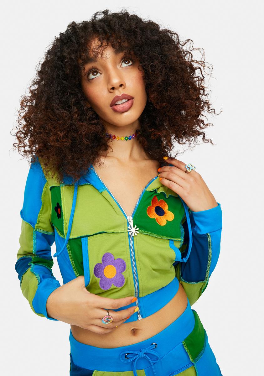 Delias Groovy Patchwork Daisy Cropped Hoodie - Green Blue – Dolls Kill