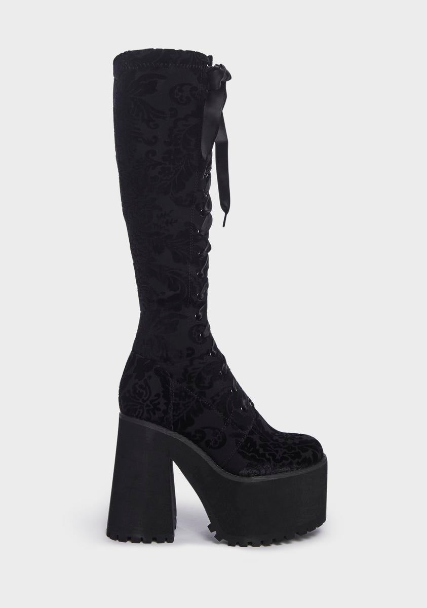 Velvet Brocade Knee High Heeled Platform Boots - Black