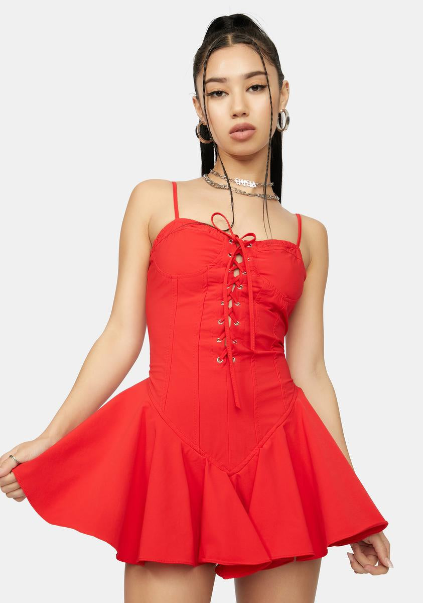Lace Up Fit Flare Ruffle Mini Dress