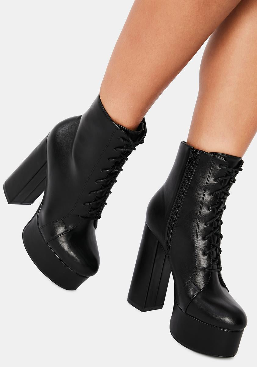 Platform Heeled Ankle Boots Faux Leather Lace Up Black Dolls Kill