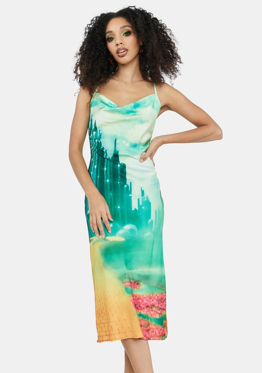 white christmas dresses Dolls Kill X Wizard Of Oz Emerald City Printed Midi Dress