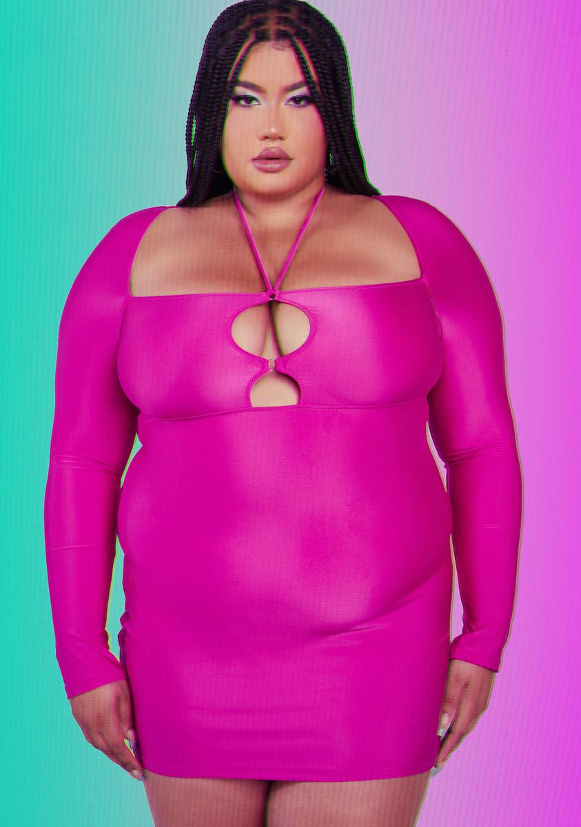 Plus Size HOROSCOPEZ Long Sleeve Cut Out Mini Dress Magenta Dolls Kill
