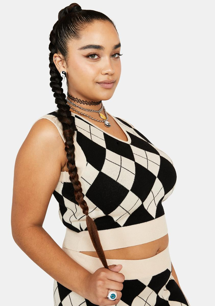 Plus Size Argyle V Neck Crop Sweater Vest Cream Black Dolls Kill