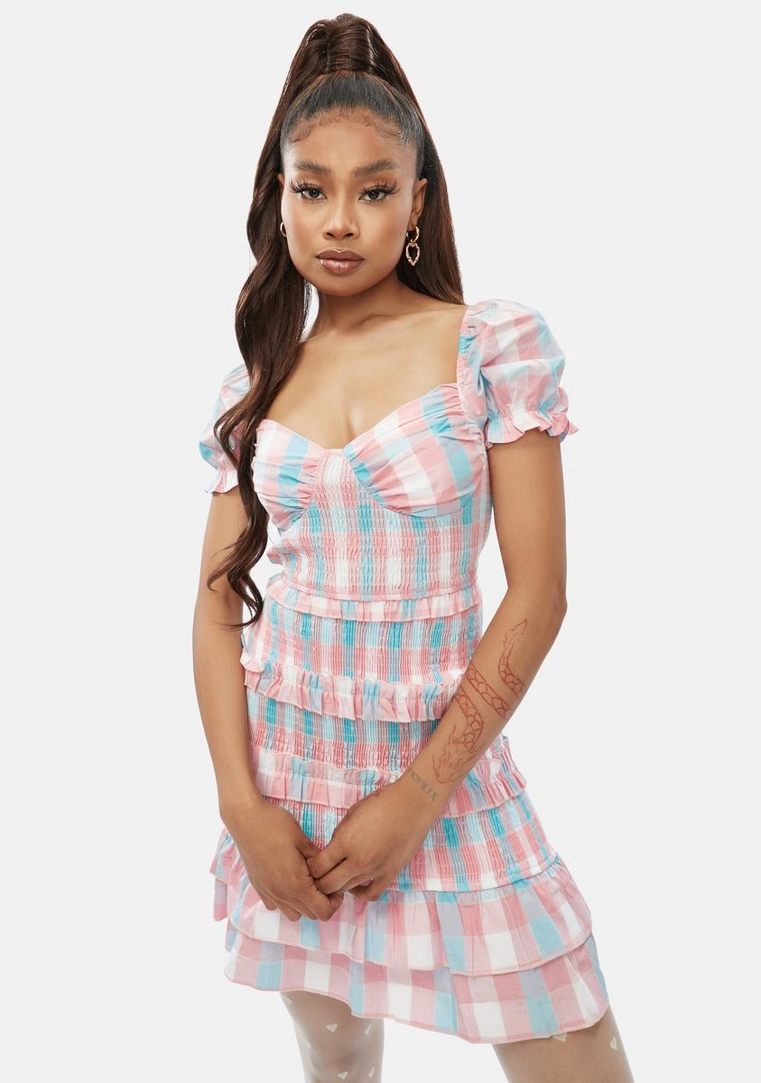 Plaid Sweetheart Ruffle Dress With Puff Sleeves – Dolls Kill
