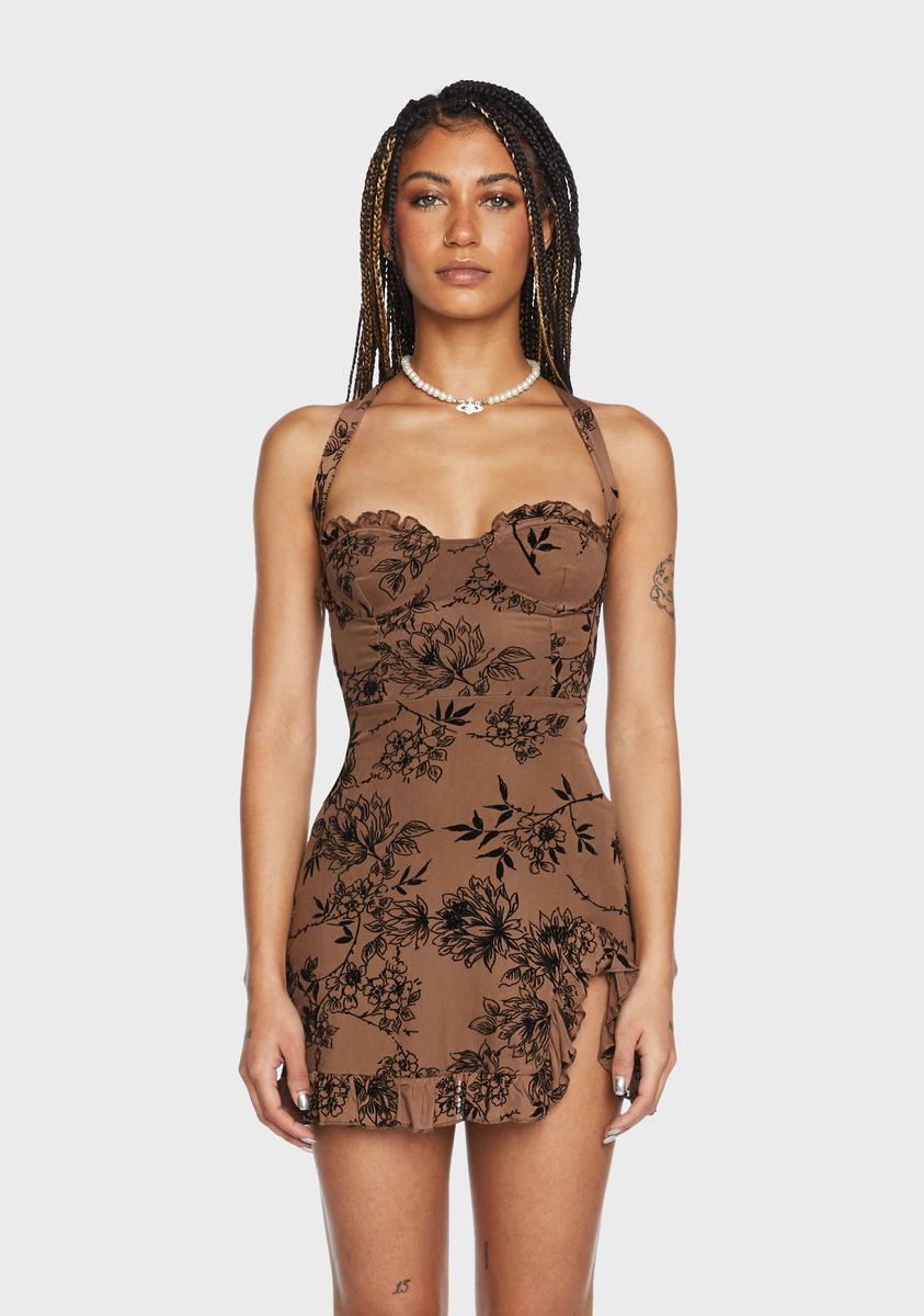 Sweetheart Halter Ruffle Floral Print Mini Dress - Brown Sweetheart Halter Ruffle Floral Print Mini Dress - Brown
