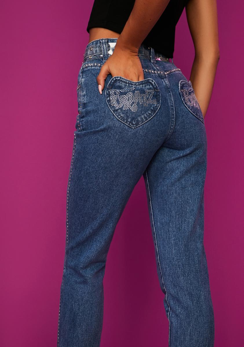 Dolls Kill x Bratz Rhinestone Heart Pocket Jeans Mid Wash