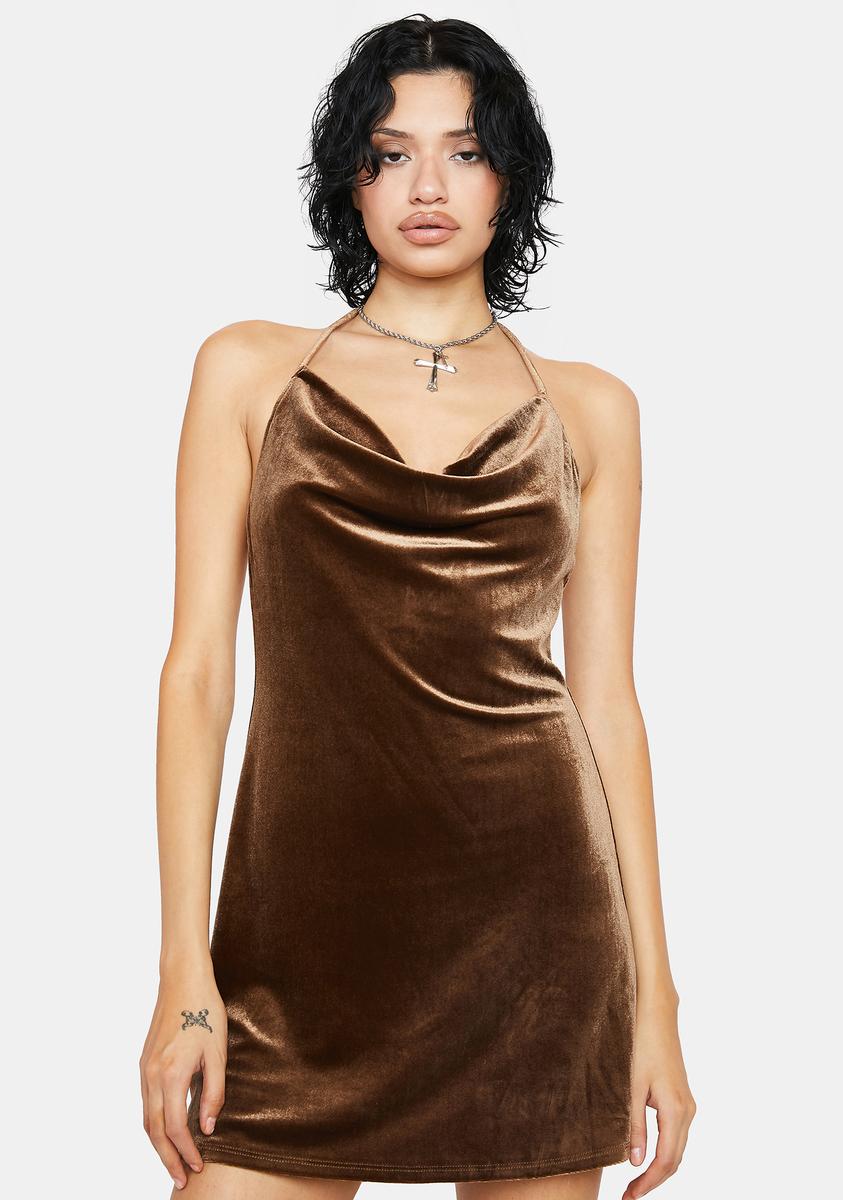 Velvet Cowl Neck Backless Mini Dress - Brown Dolls Kill Velvet Cowl Neck Backless Mini Dress - Brown Dolls Kill