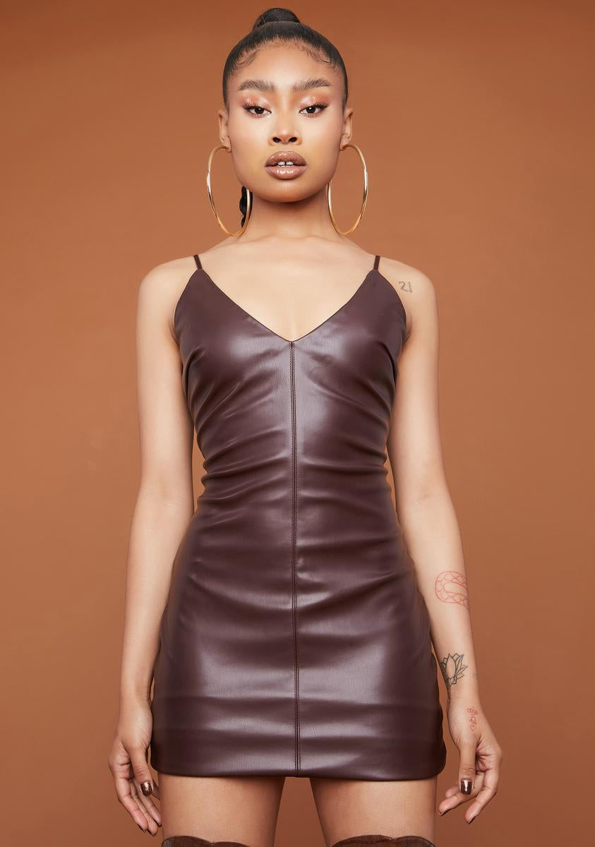 Faux Leather Plunge Neckline Bodycon Mini Dress - Brown – Dolls Kill